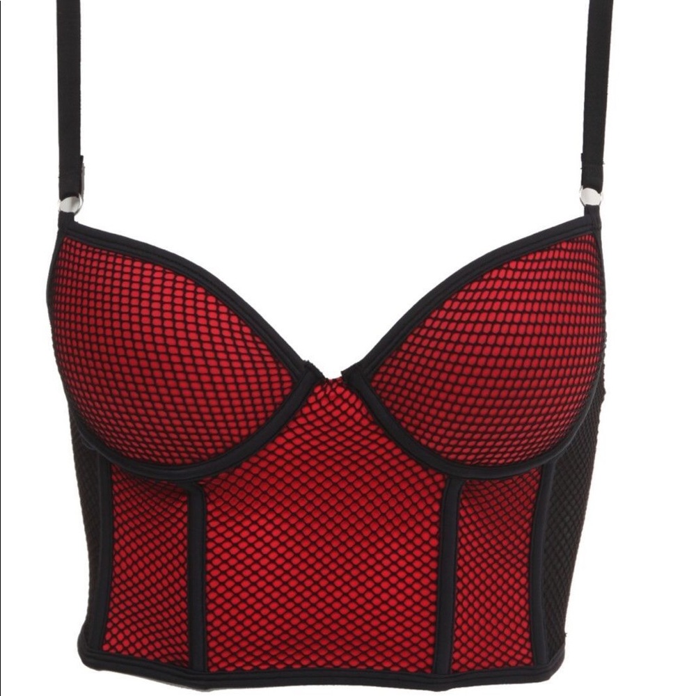 Hot Topic Black Fishnet Red Longline Bustier Bra